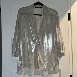 Zara Cream Pearl Metallic Button Down Shirt